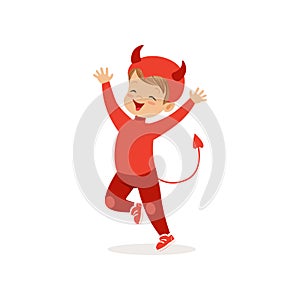 Little boy dressed as a devil, cute kid in a red halloween costume vector Illustration