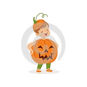 Little boy dressed as a pumpkin, cute kid in halloween costume vector Illustration