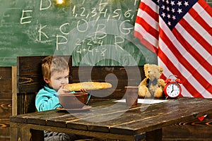 Little boy eat bread at American flag at knowledge day. Happy independence day of the usa. Back to school or home