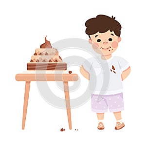 Little Boy Eating Cake Having Bad Behavior Vector Illustration