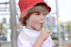 little boy eating green lollipop candy outdoors on playground,. Sweet tooth. .