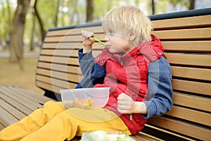 Little boy is eating his lunch after kindergarten or school from plastic container on bench in the park. Street take away food for