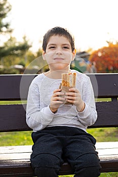 Little boy eating a hotdog while sitting on a bench in the park. Street fast food.