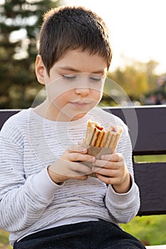 Little boy eating a hotdog while sitting on a bench in the park. Street fast food.