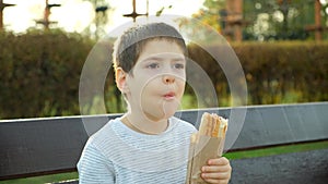 Little boy eating a hotdog while sitting on a bench in the park. Street fast food.