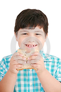 Little boy eating a integral bread, sandwich