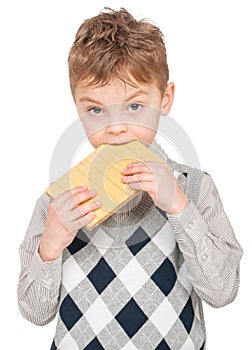 Little boy eating waffle