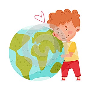 Little Boy Embracing Globe Sphere as Protection Sign Vector Illustration