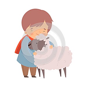 Little Boy Embracing Sheep Feeling Happiness Vector Illustration