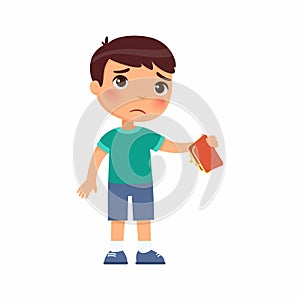 Little boy with empty wallet in hand flat vector illustration.