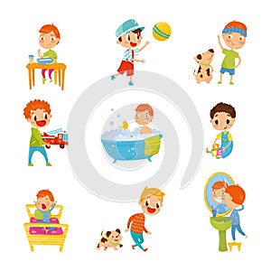 Little Boy Engaged in Daily Activity and Everyday Routine Vector Set