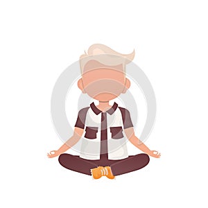 A little boy is engaged in the lotus position. Isolated. Cartoon style.