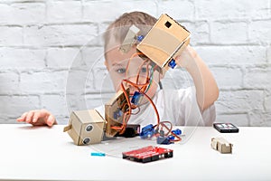Little Boy examines the robot pulls the wires, servo chip photo