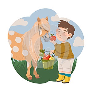 Little Boy Feeding Horse with Apple Vector Illustration