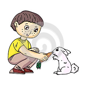 Little boy feeding rabbit with carrot on white