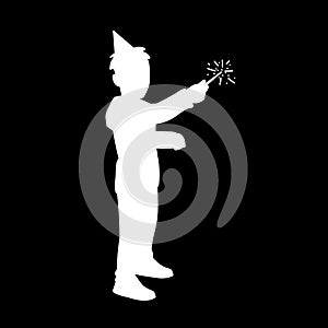 Little boy in festive cup holds sparkler in his hand. White silhouette isolated on black background. Concept. Vector
