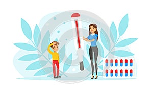 Little Boy with Fever and Woman Holding Thermometer with Floral Leaf Backdrop Vector Illustration