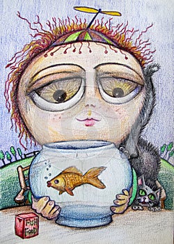 Little boy with fish cartoon drawing