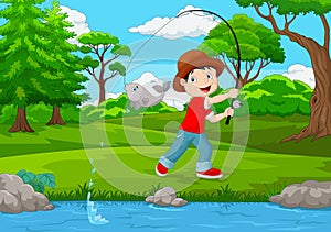 Little boy fishing on the lake