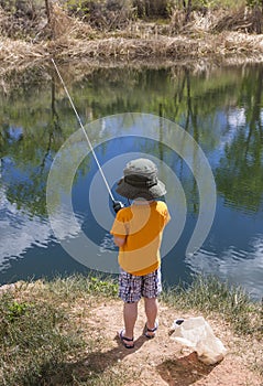 Little boy fishing in a pond