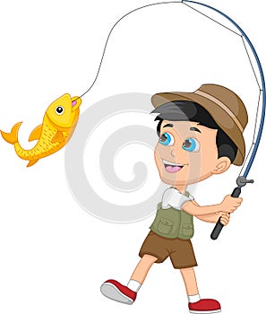 Little boy fishing on white background