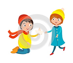 Little boy flower and girl cute children waving hand cartoon character vector.