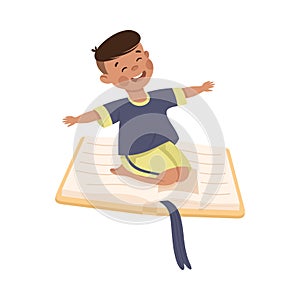 Little Boy Flying on Book Ready to Study Vector Illustration