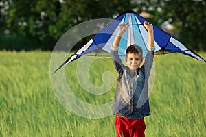 Little boy flying kite in the field
