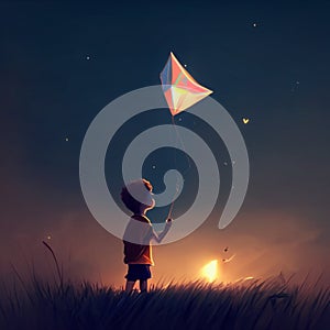 Little boy flying a kite in the night sky. 3d rendering. AI Generated