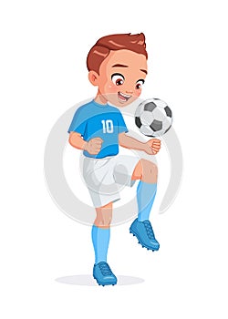 Little boy football player in blue white uniform kicking soccer ball with knee. Isolated vector illustration