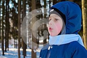 A little boy in the forest in winter, severe frost, steam from his mouth