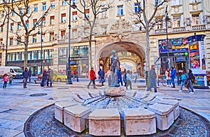 Little Boy Fountain on Vaci Street, on Feb 22 in Budapest, Hungary