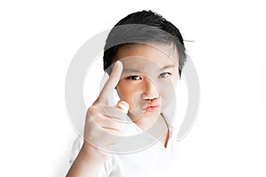 Little boy funny face on white background