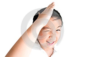 Little boy funny face on white background