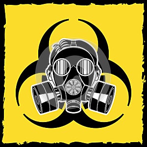 Little boy in a gas mask on yellow background biohazard symbol.