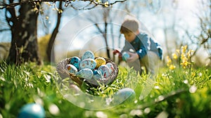 Little boy gathering Easter eggs in garden