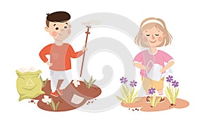 Little Boy Gathering Garbage and Girl Watering Flower Caring About Nature and Planet Vector Set