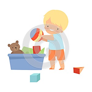 Little Boy Gathering His Toys and Tidy Up His Room Vector Illustration