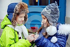 The little boy gave the flower girl. The concept of love and Val