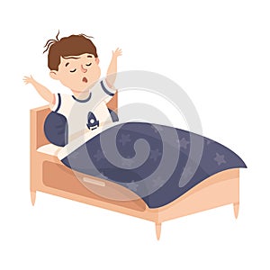 Little Boy Getting Up or Waking Up in the Morning Engaged in Daily Activity and Everyday Routine Vector Illustration