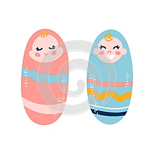 Little boy and girl. Adorable babies on a white isolated background in diapers