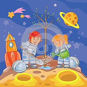 Little boy and girl astronauts planting a tree