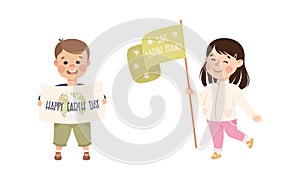 Little Boy and Girl with Banner for Earth Day Caring About Nature and Planet Vector Set