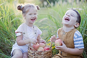 Little boy and girl with basket of apples