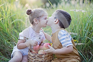 Little boy and girl with basket of apples