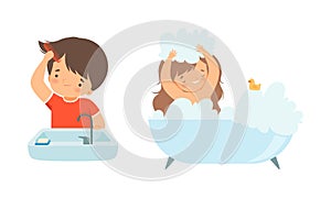 Little Boy and Girl Bathing in Bathtub with Foam and Combing Hair Vector Set