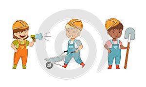 Little Boy and Girl Builder Wearing Hard Hat and Overall Pushing Wheelbarrow and Holding Shovel Vector Set