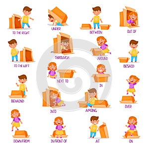 Little Boy and Girl with Carton Box as Prepositions of Place Demonstration Big Vector Set