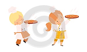 Little Boy and Girl Chef in White Toque and Jacket Holding Hot Baked Pizza Vector Set