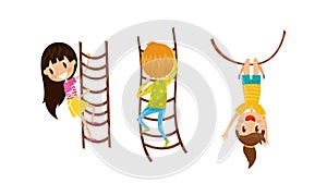 Little Boy and Girl Climbing Ladder and Swinging on Rope Vector Set